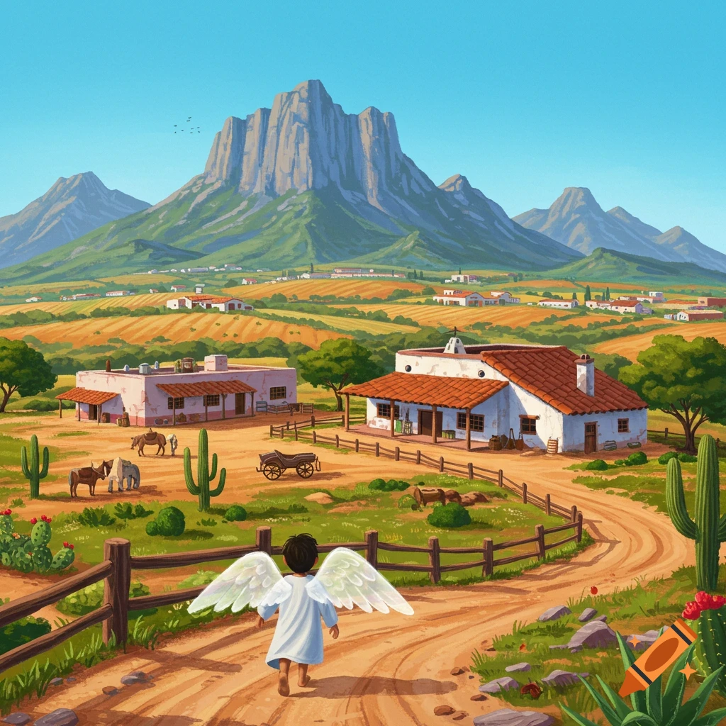 A child with angel wings walks on a dirt road towards a ranch in a valley landscape with mountains.