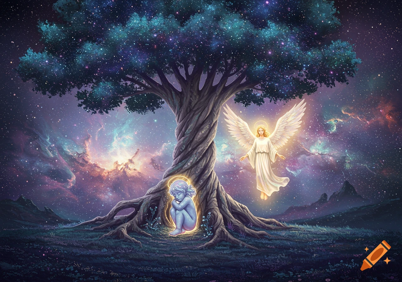 Fantasy image of a star-child under a magical tree, with an approaching angel and cosmic background.