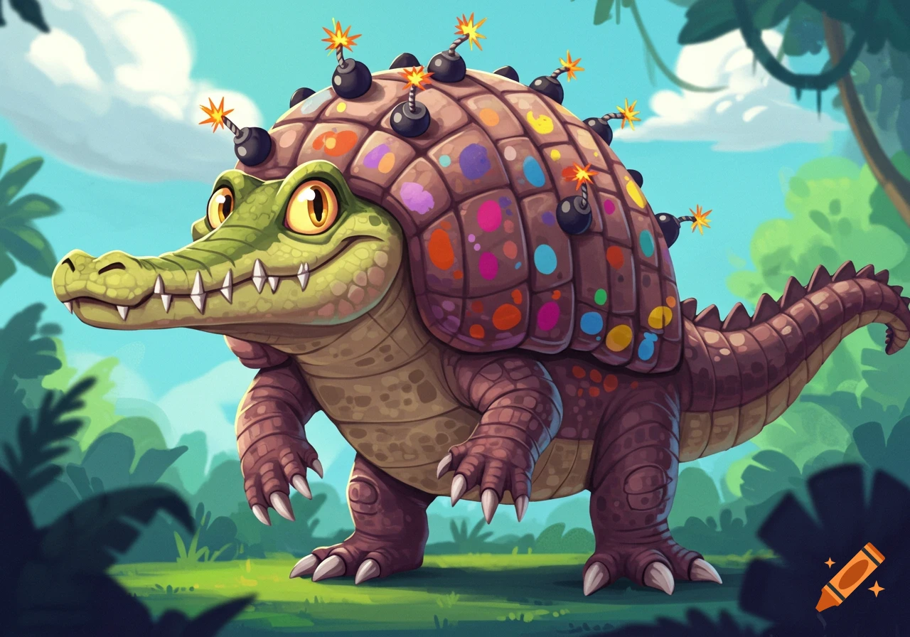 A cartoon crocodile with colorful shell covered in bombs