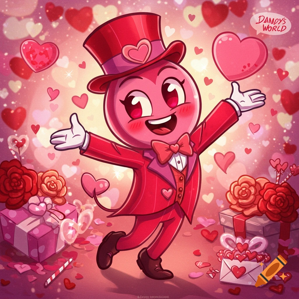 Cartoon character in red suit and top hat surrounded by hearts and gifts for Valentine's Day.