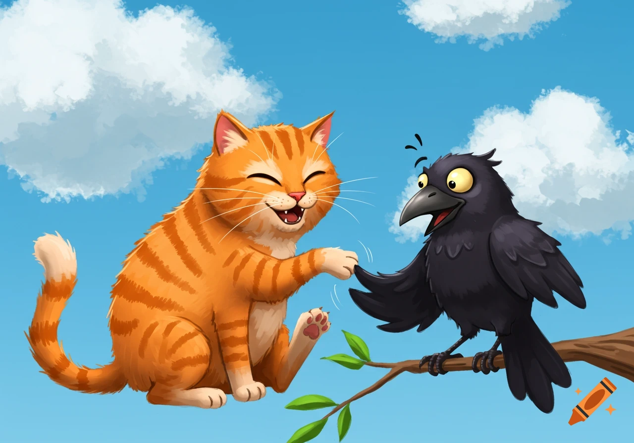 Cartoon illustration of an orange tabby cat tickling a black crow perched on a branch under a cloudy blue sky.