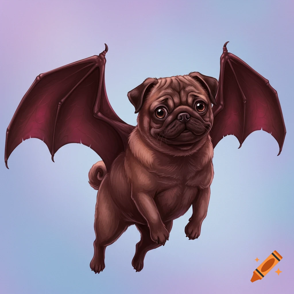 A pug dog with bat wings is flying.