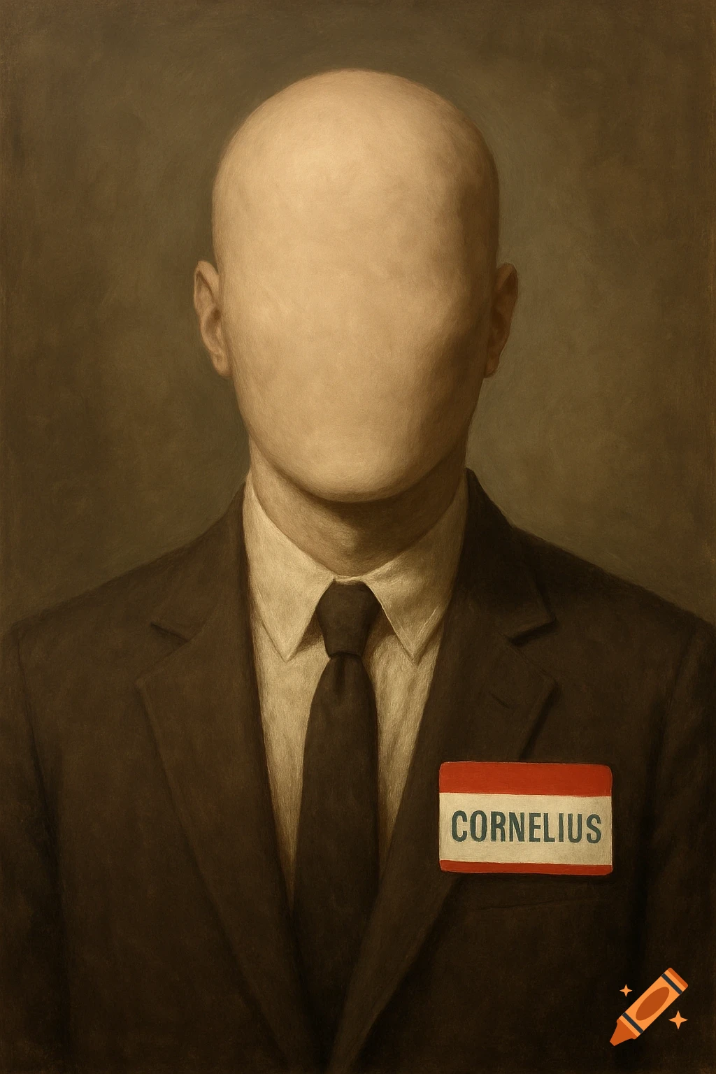 Painting of a man in a suit with a blank face and a name tag reading CORNELIUS.