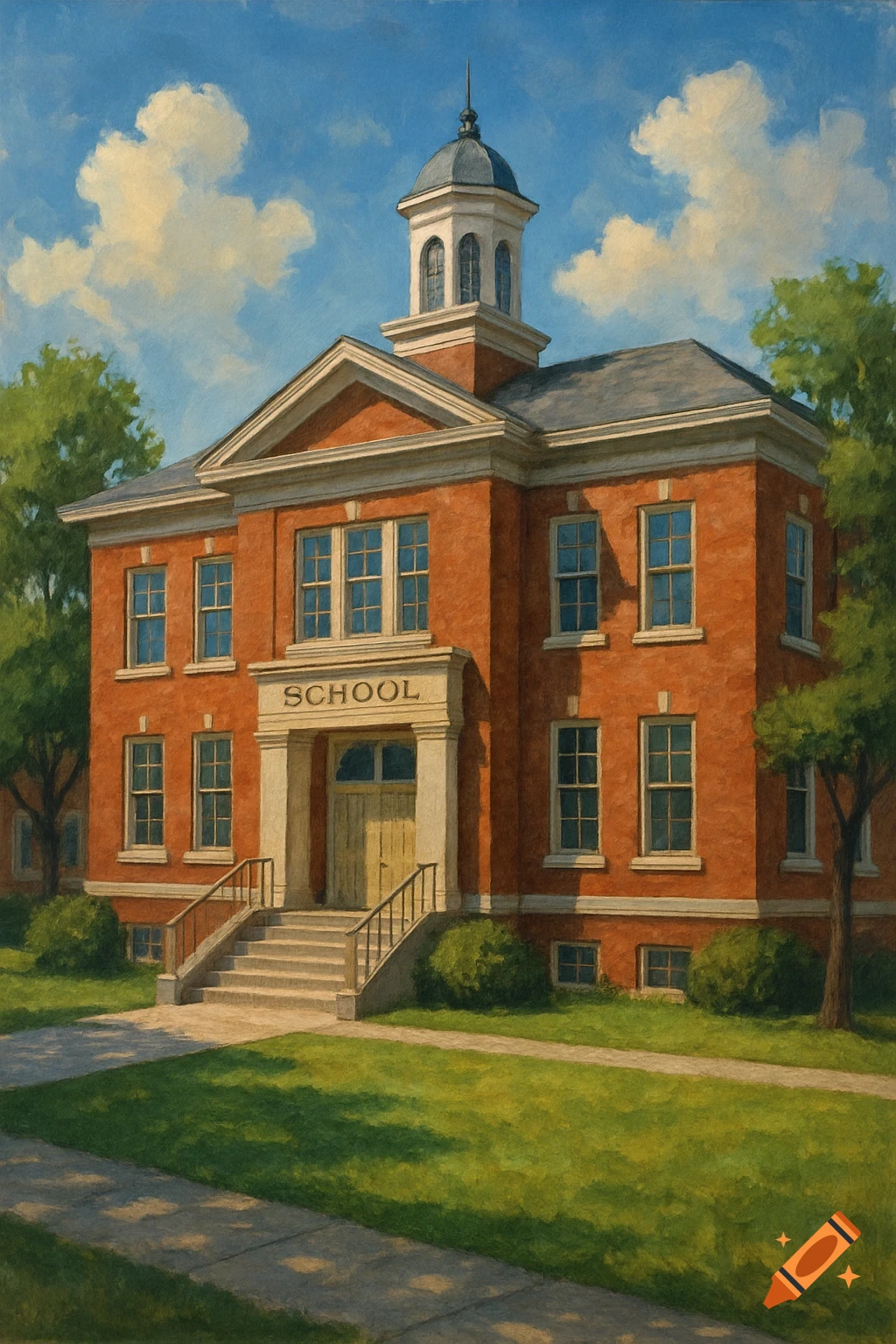 a red brick school building with steps