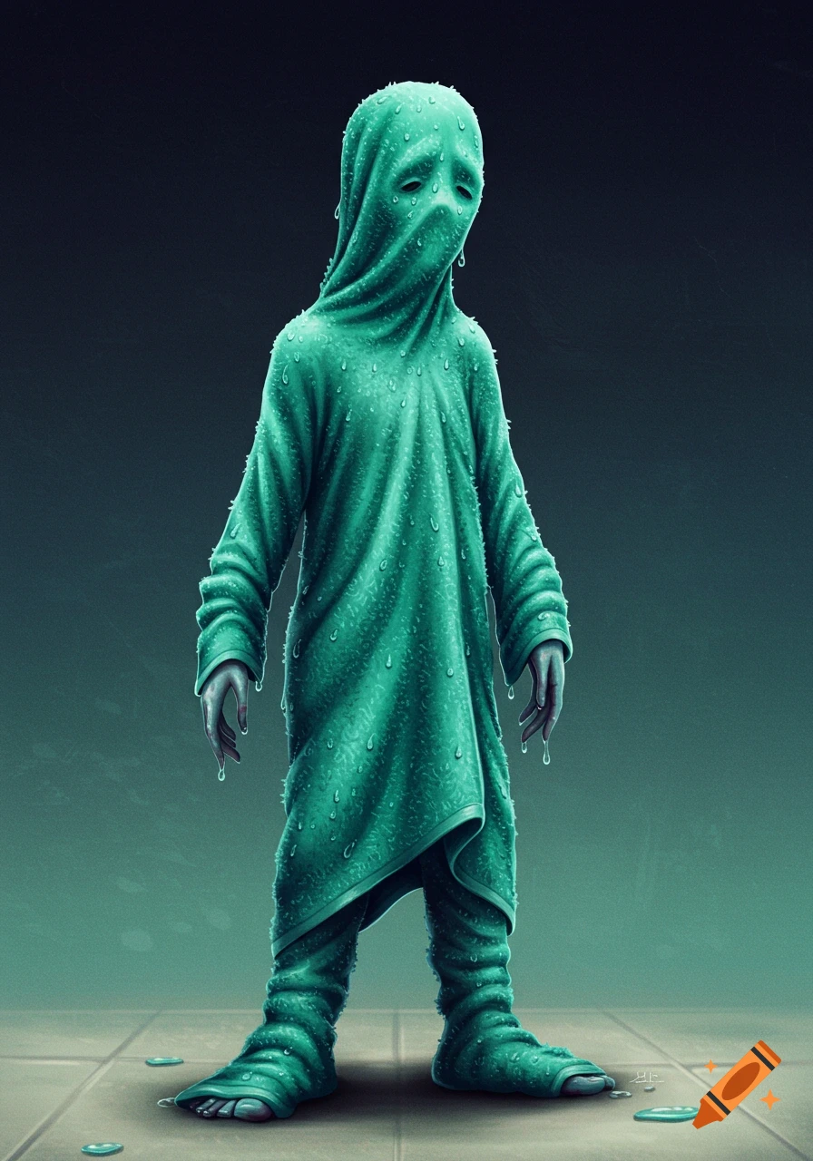 A humanoid figure wrapped in a wet green towel, standing on a tiled floor.