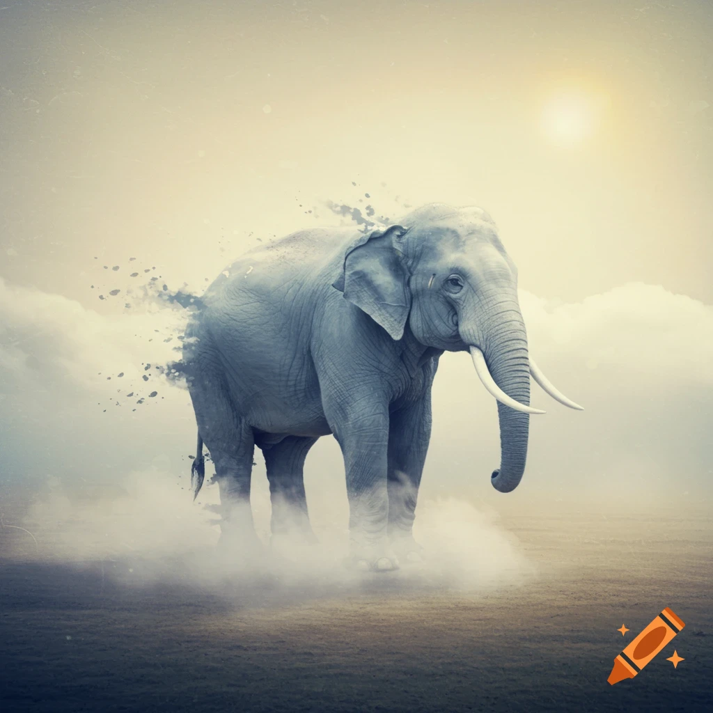 An elephant dissolving into mist and particles in a field