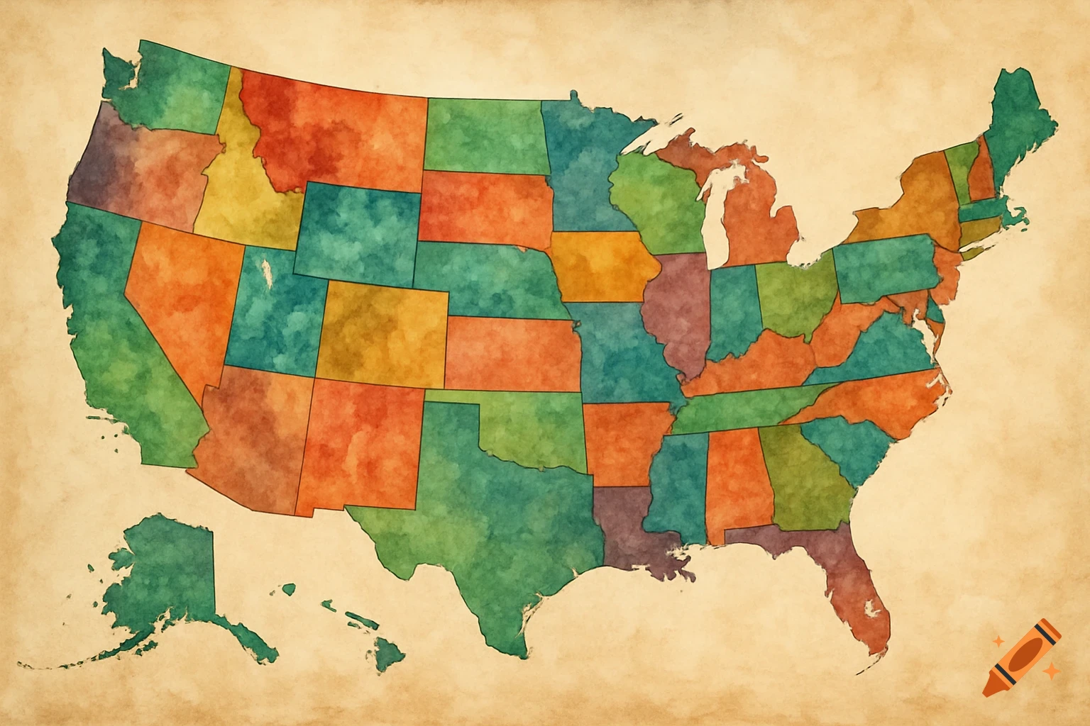 A colorful watercolor map of the United States.