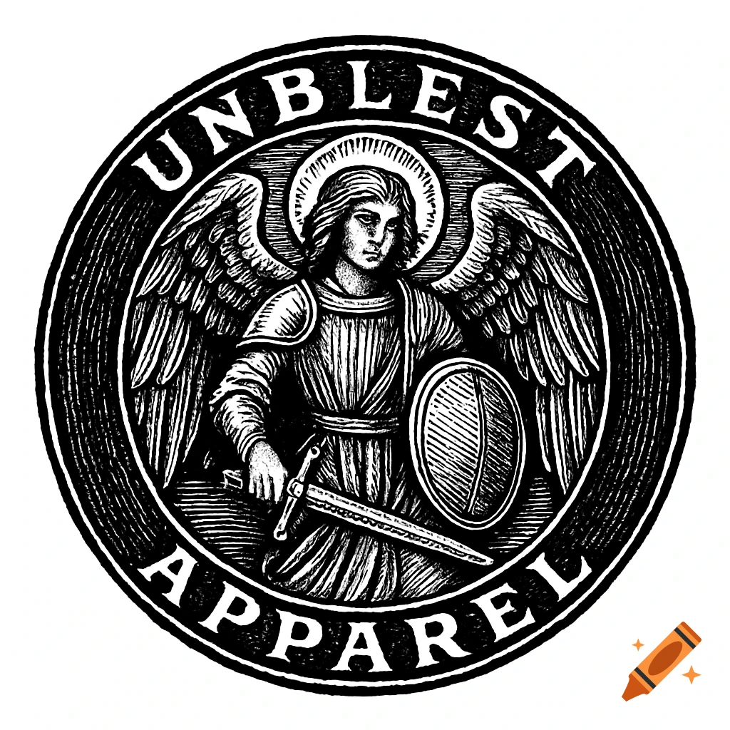 Black and white woodcut style circular logo featuring an archangel with  wings, sword, and shield, with the text \, image size:1024x1024