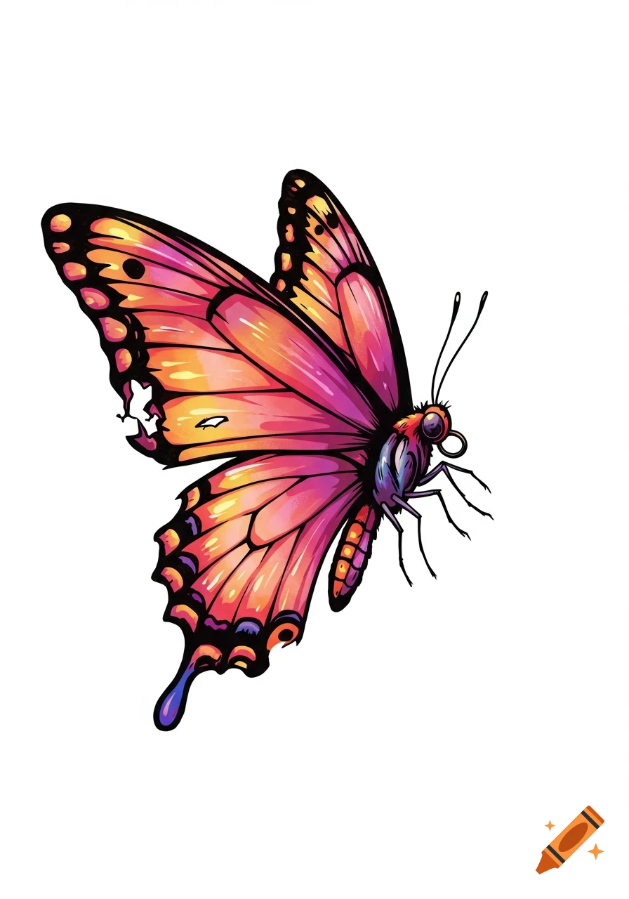 A vibrant, comic-style butterfly with a torn wing.