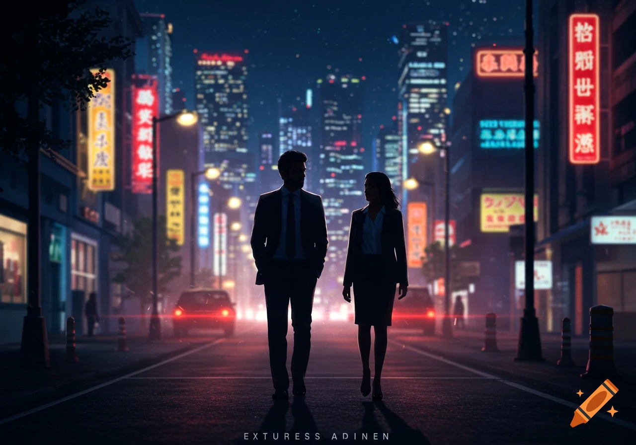 Two business figures walk down a busy city street at night.
