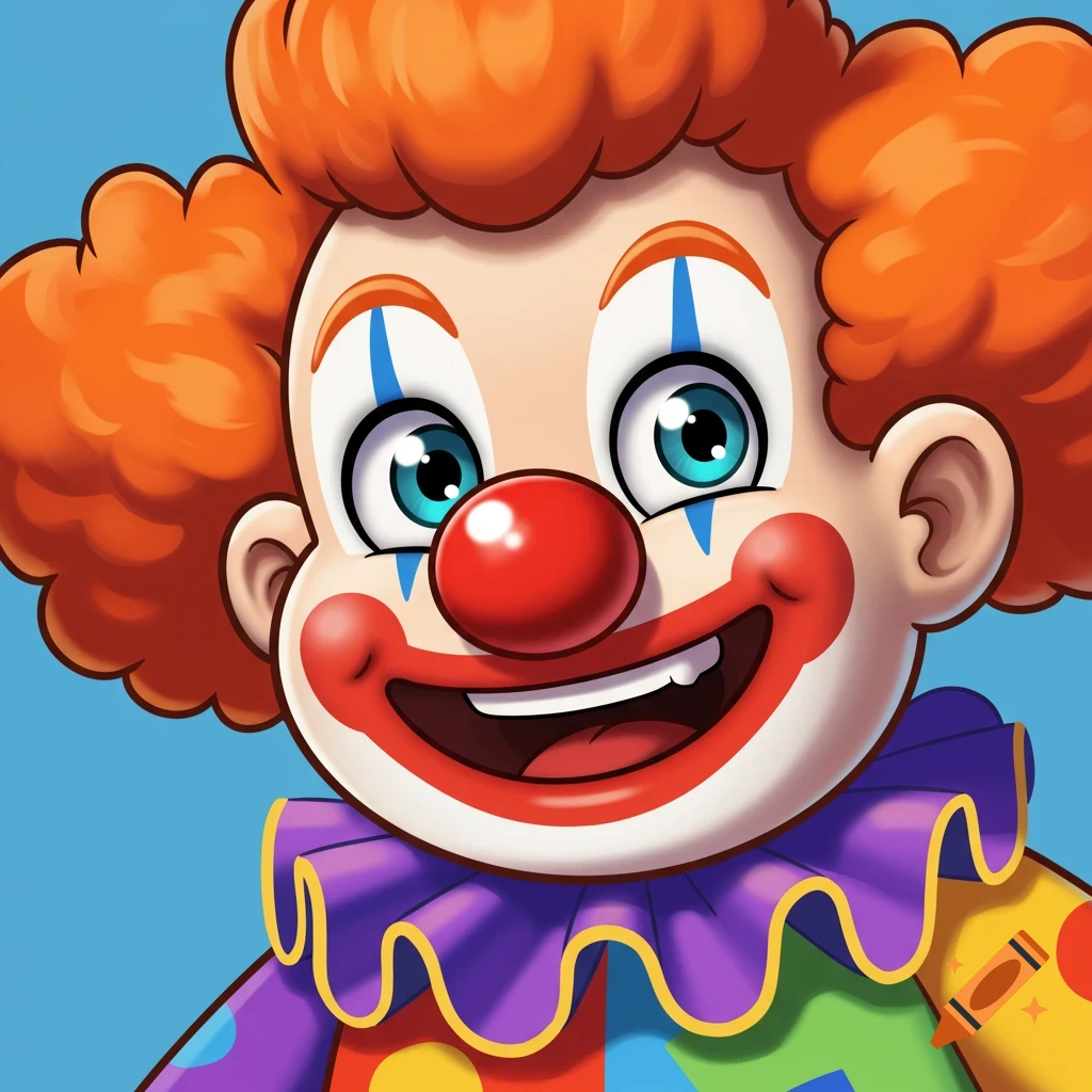 Close-up cartoon portrait of a smiling clown with orange hair and a red nose