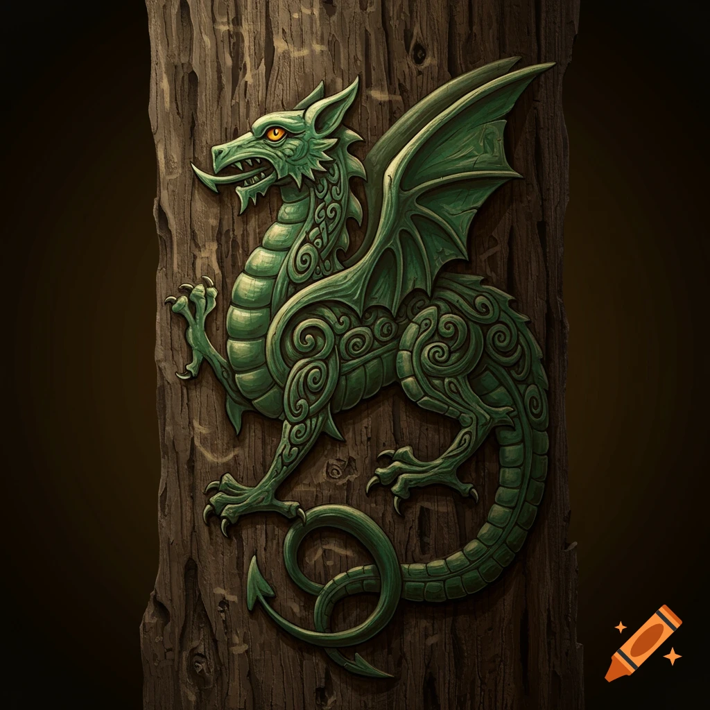 A green Welsh dragon carved into a tree trunk.