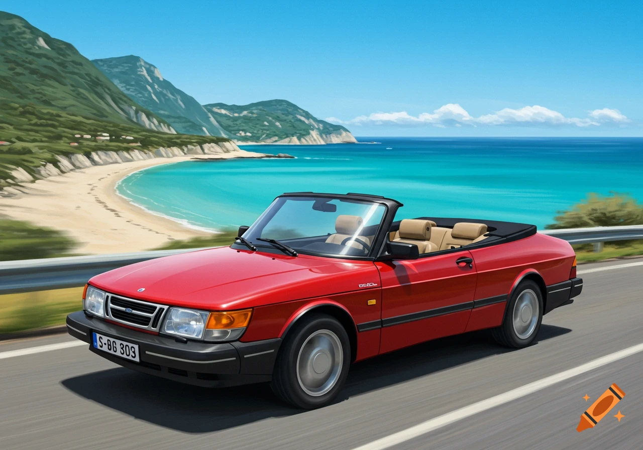 A red Saab convertible drives on a road along a sunny beach.