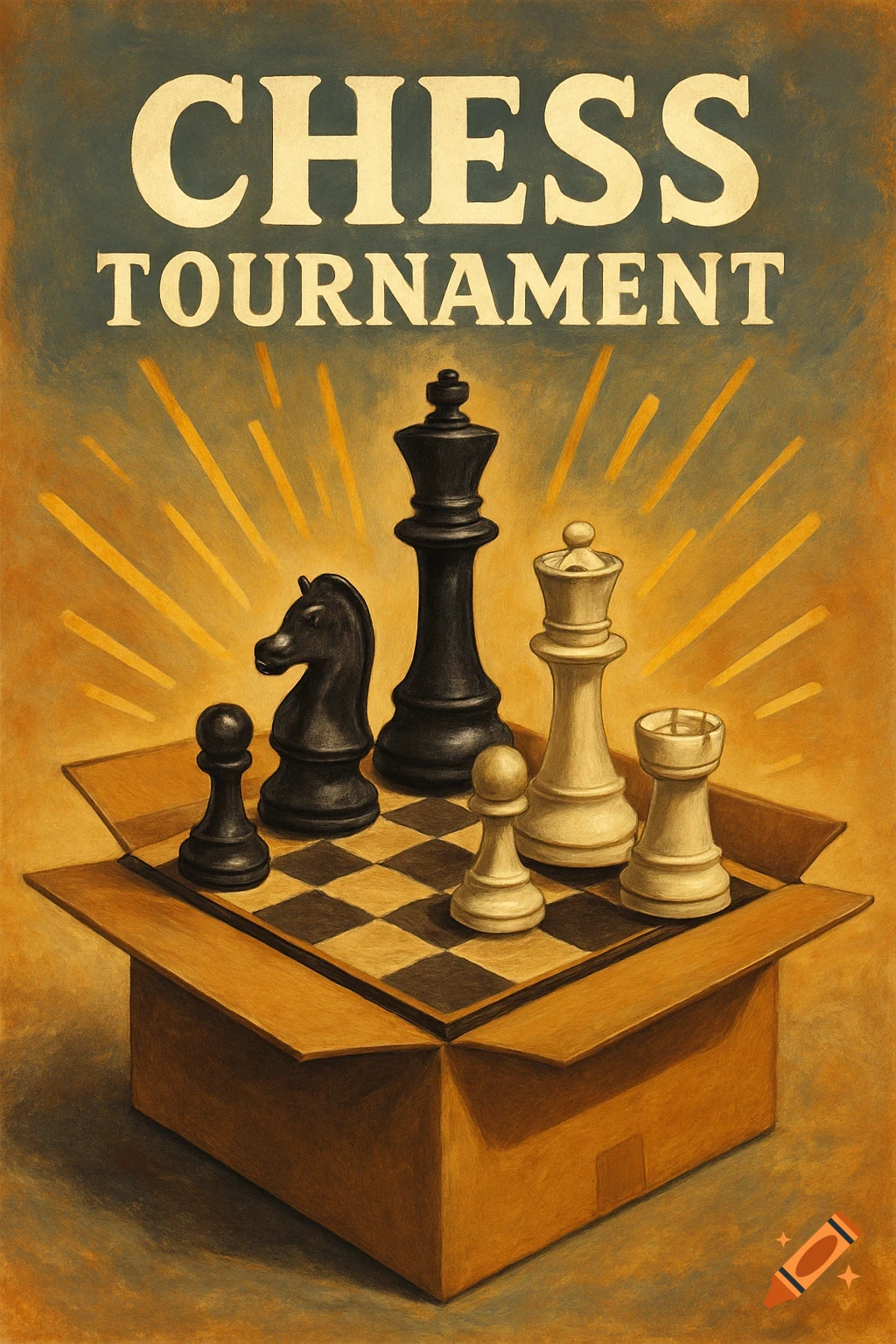 A painted poster for a chess tournament, showing chess pieces on a board inside a cardboard box. Text reads "CHESS TOURNAMENT".