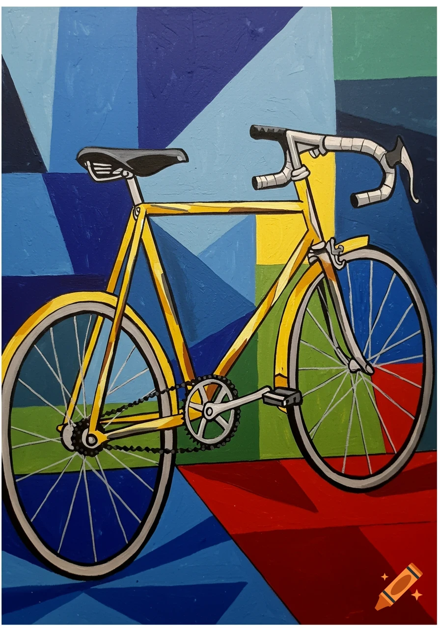 A stylized illustration of a yellow bicycle against a geometric background of blue, green, and red shapes.