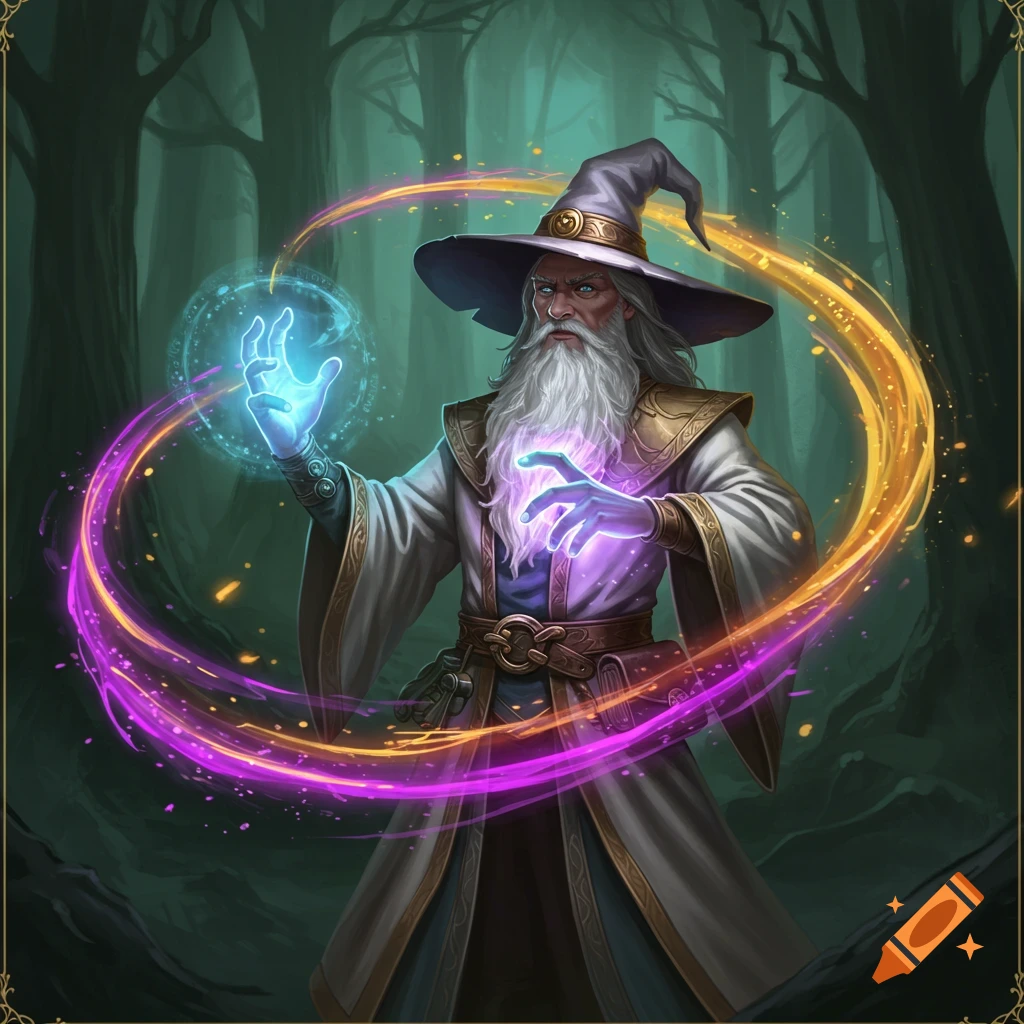 An image shows a wizard casting glowing magic spells in a dark forest.