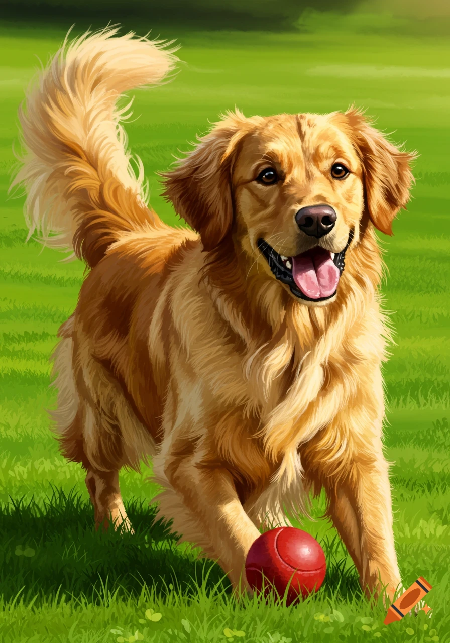 A golden retriever runs in grass, playing with a red ball.