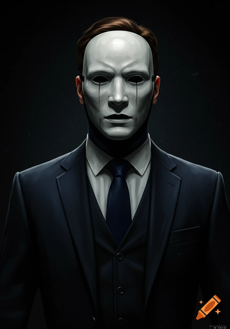 A portrait of a person in a dark suit and tie wearing a white faceless mask.