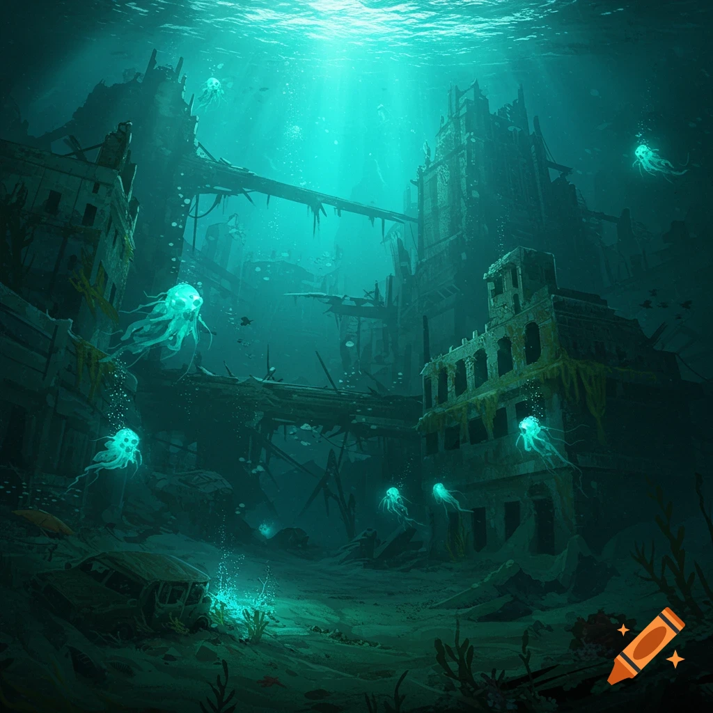 Creepy underwater city ruins with glowing jellyfish and sunbeams.
