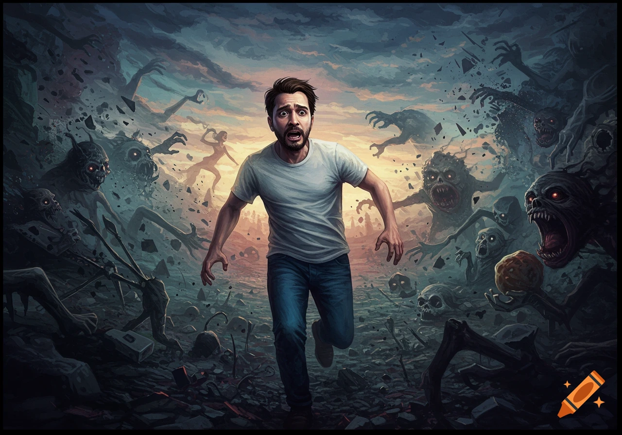 A man looks back in fear while running from monstrous creatures in a dark, chaotic