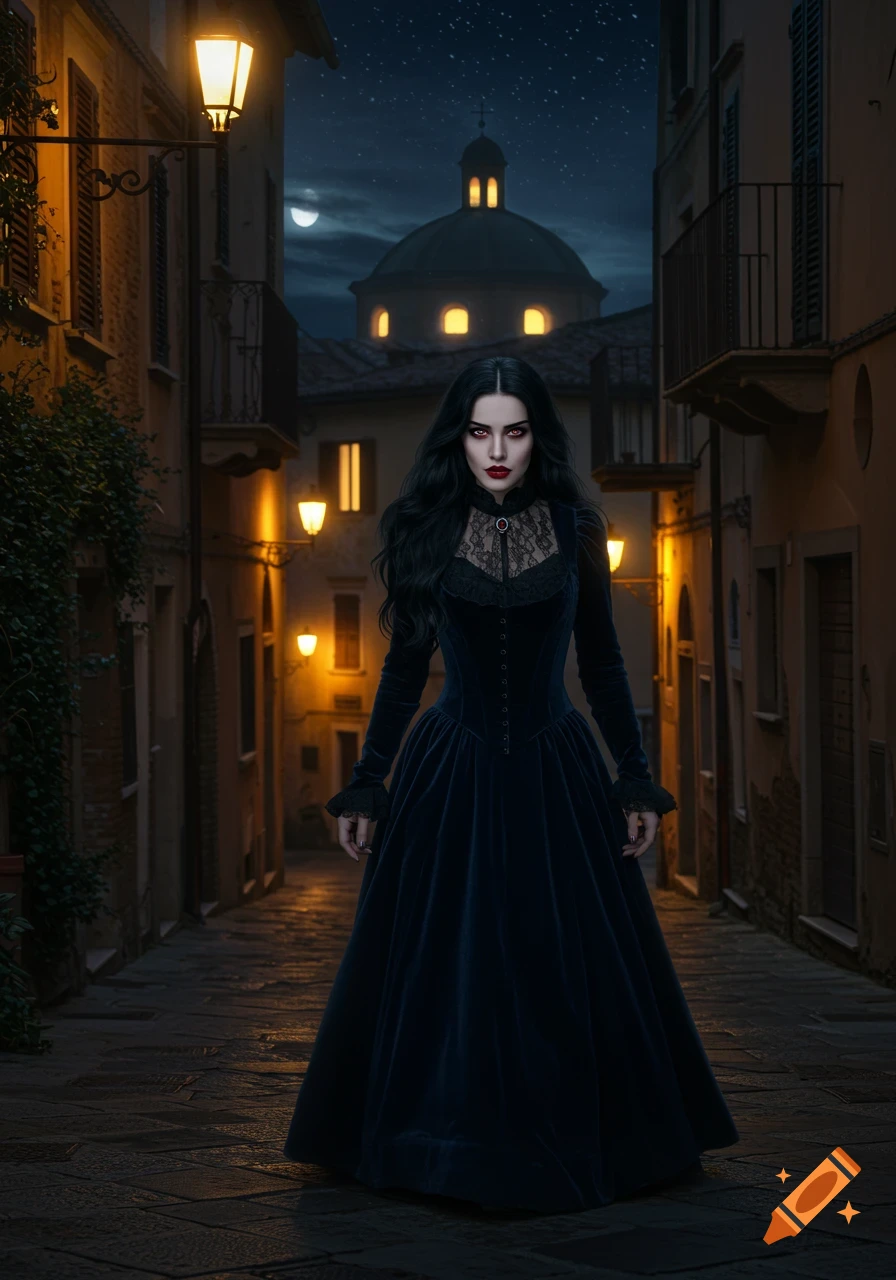 A gothic vampire woman with red eyes stands in a narrow street at night.