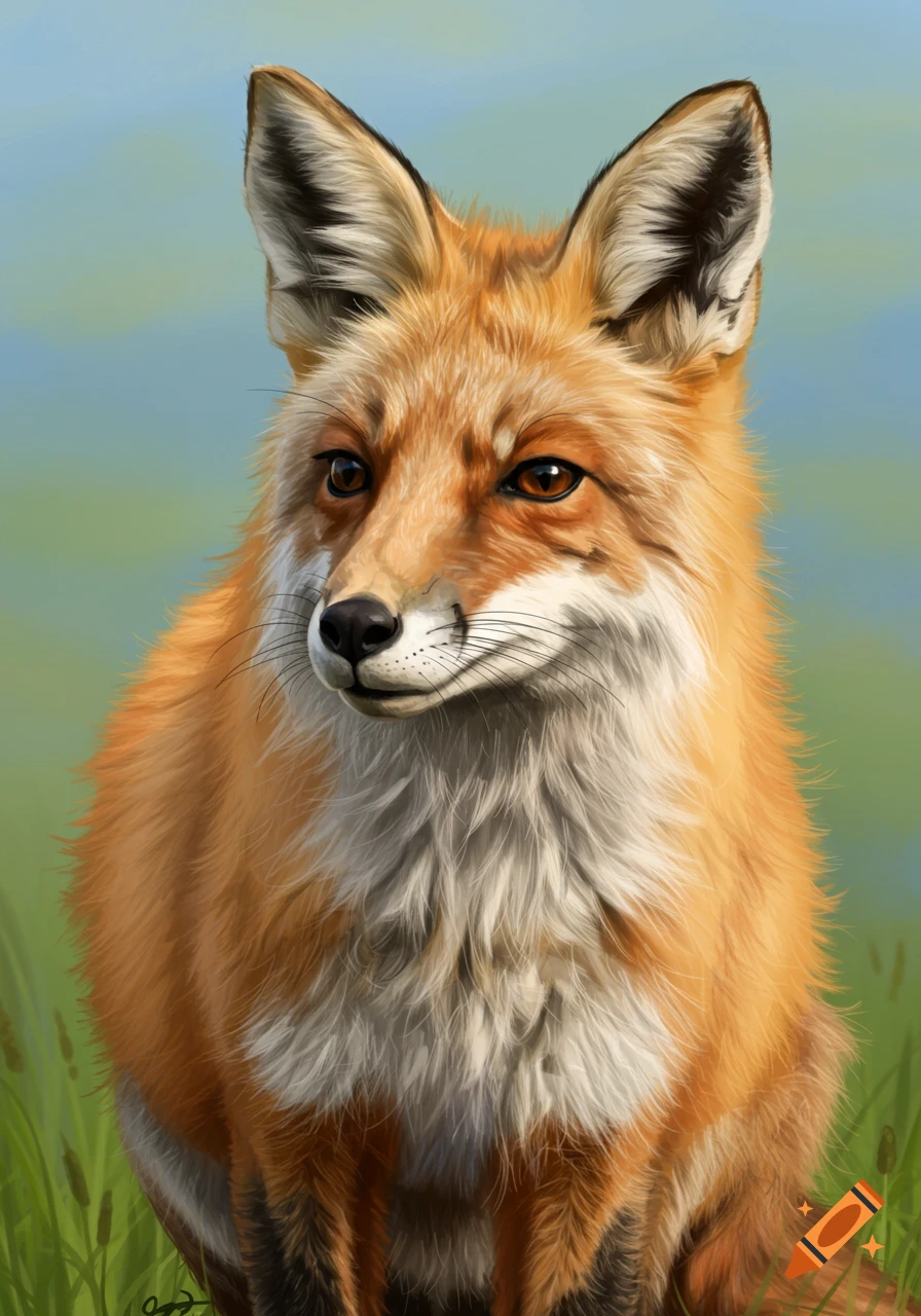 A red fox sits in tall grass in a portrait.
