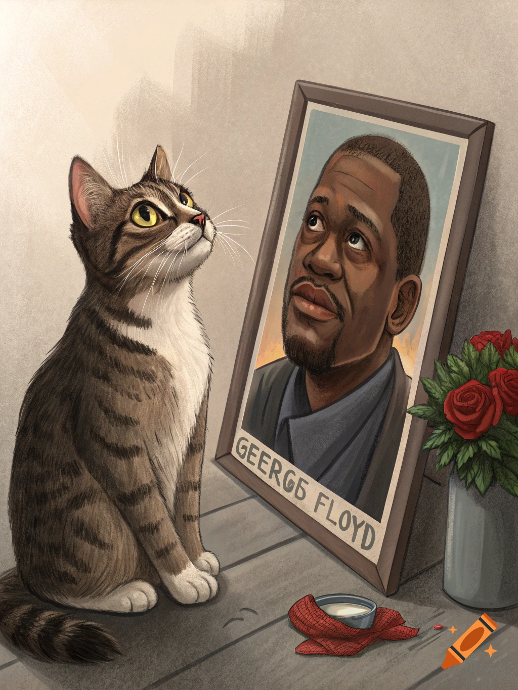 A cat looks at a framed portrait of George Floyd, with flowers and a bowl.