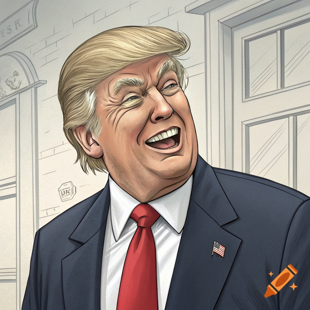 Caricature illustration of Donald Trump laughing heartily, wearing a suit and red tie, against a building background.