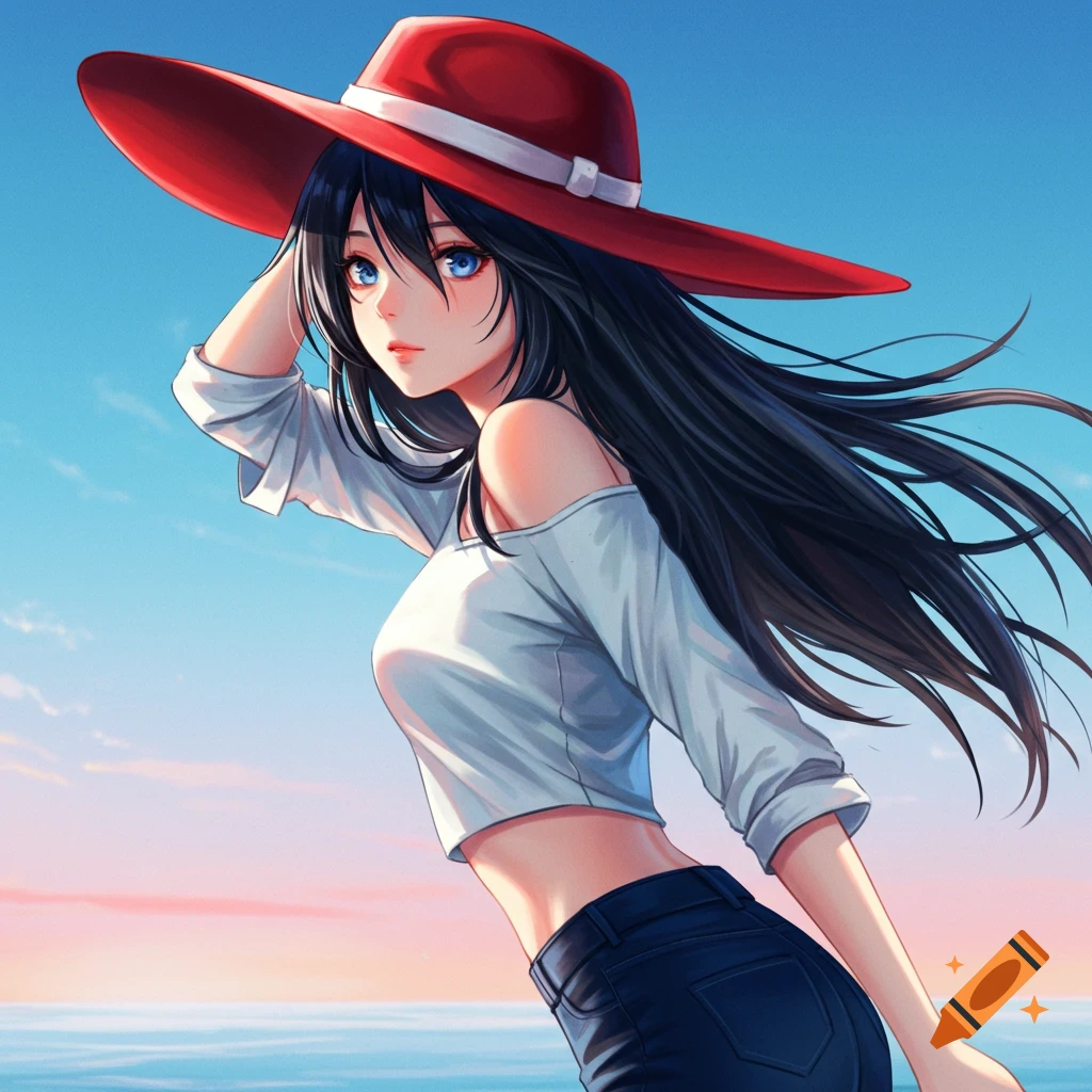 Anime girl with a red hat, white crop top, and jeans, looking at the viewer with the sky and ocean behind her.