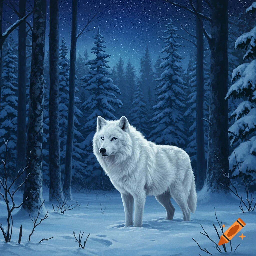 A white wolf standing in a snowy winter forest at night