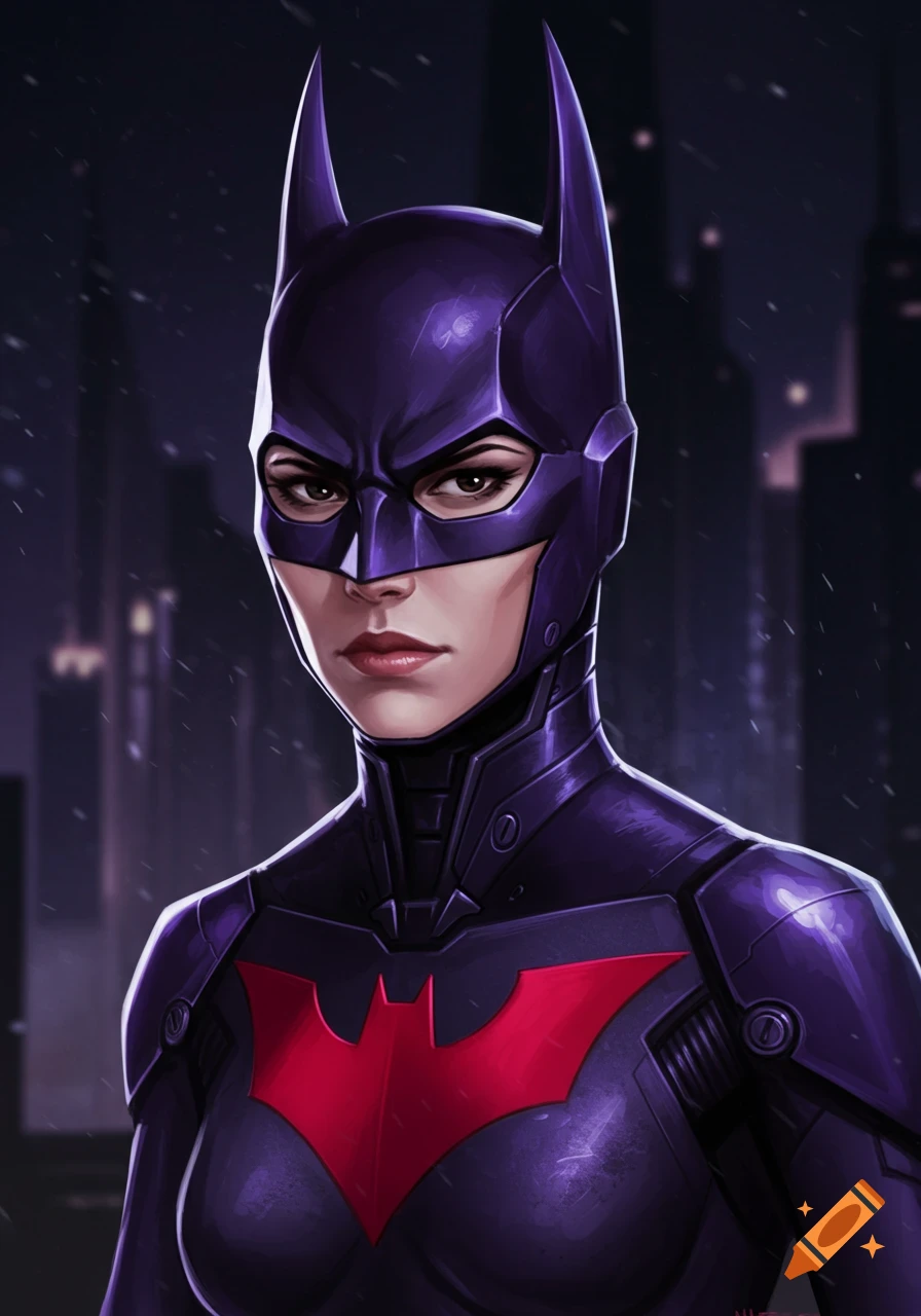 A female superhero in a purple suit with a red bat symbol against a city skyline.