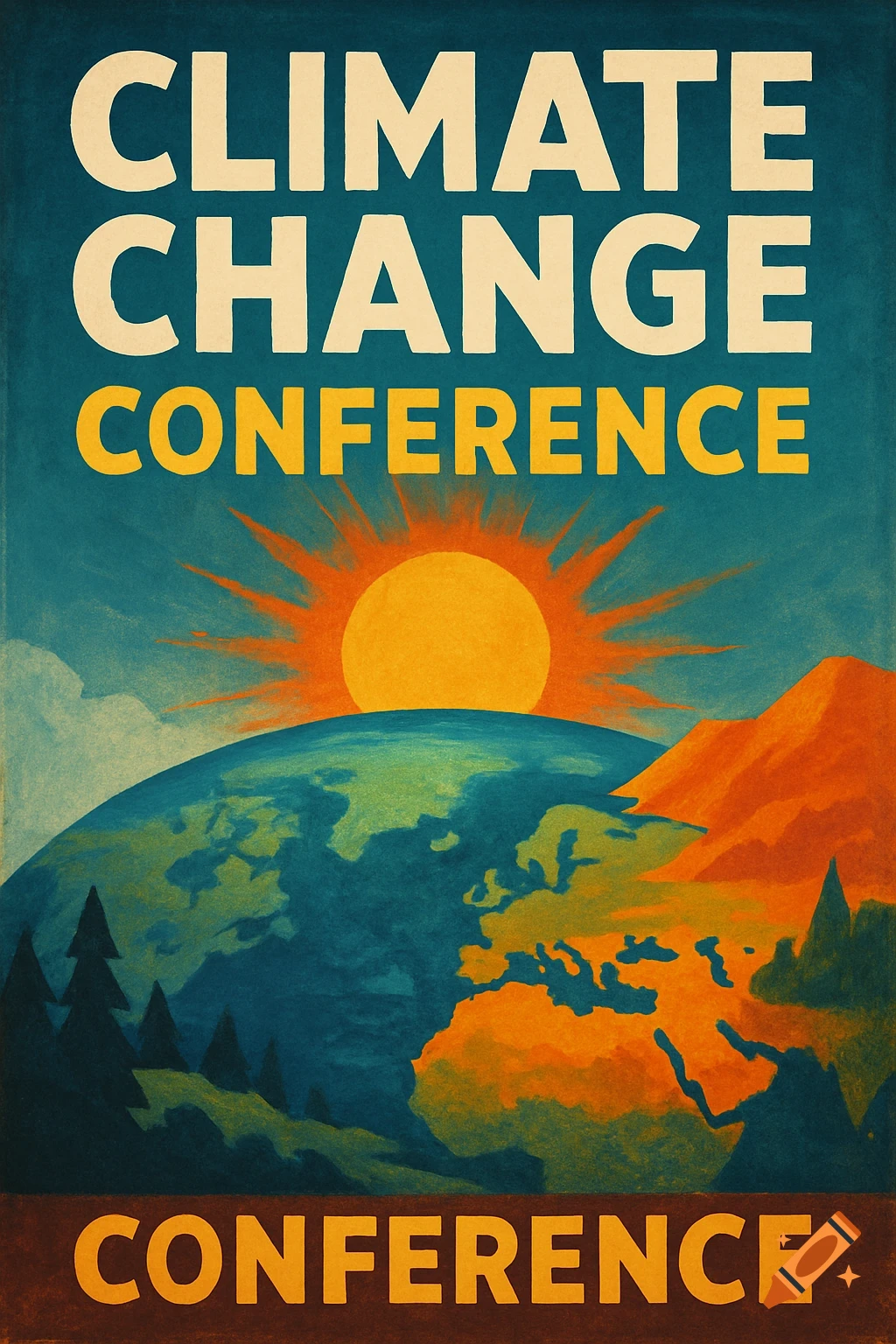 Poster for a climate change conference with text, Earth, sun, and mountains.