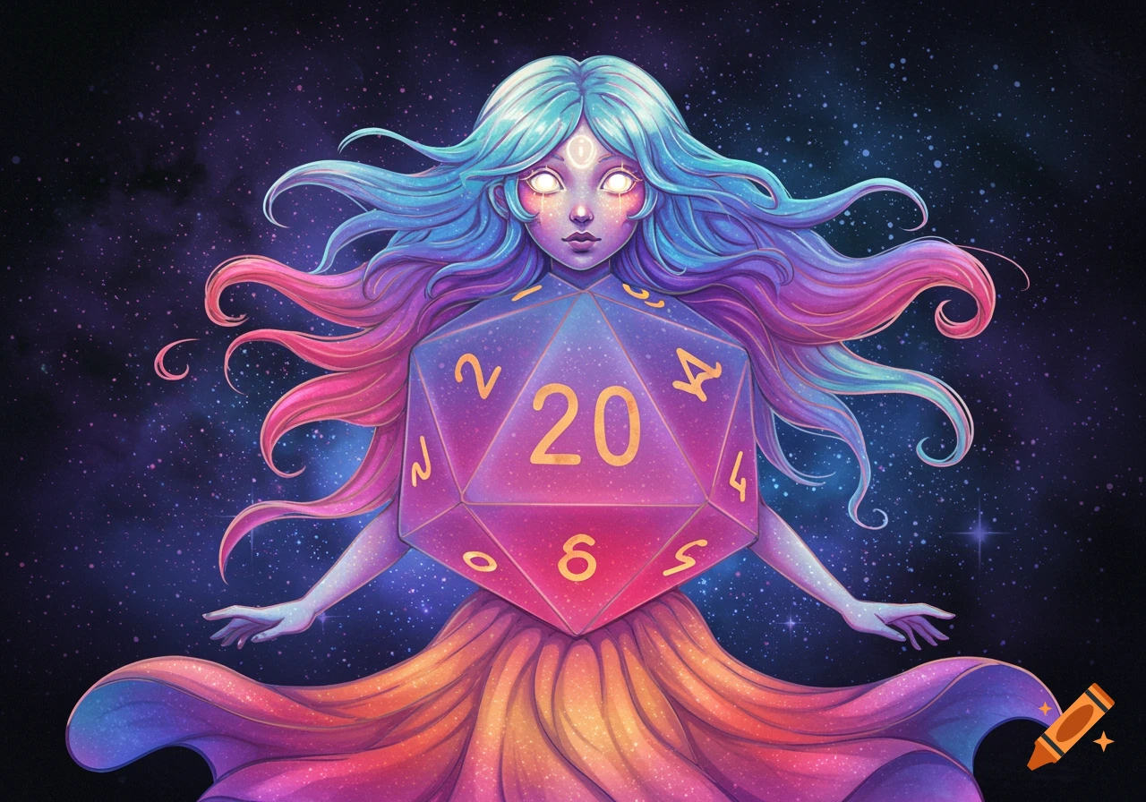 A cosmic figure merges with a large d20 die, featuring colorful flowing hair and a starry background.