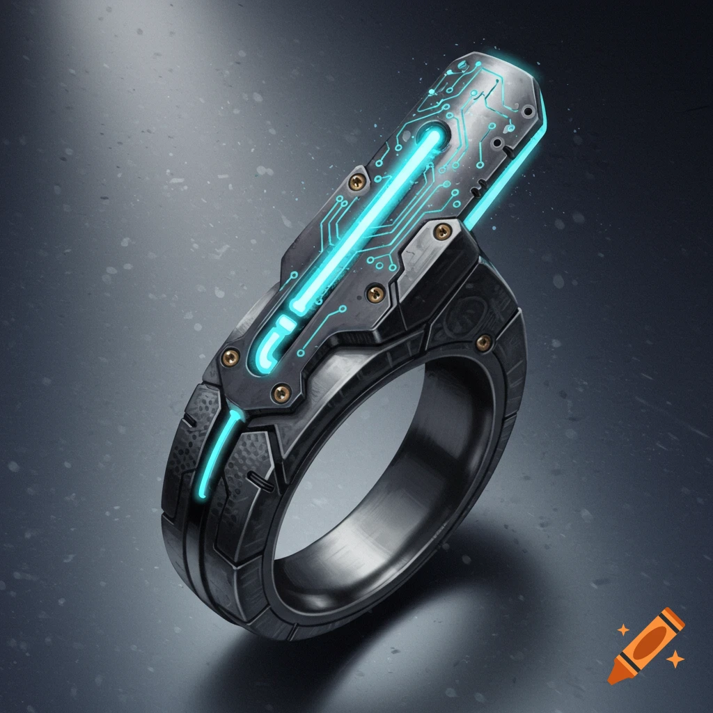 A futuristic metal ring with glowing blue tech circuit design.