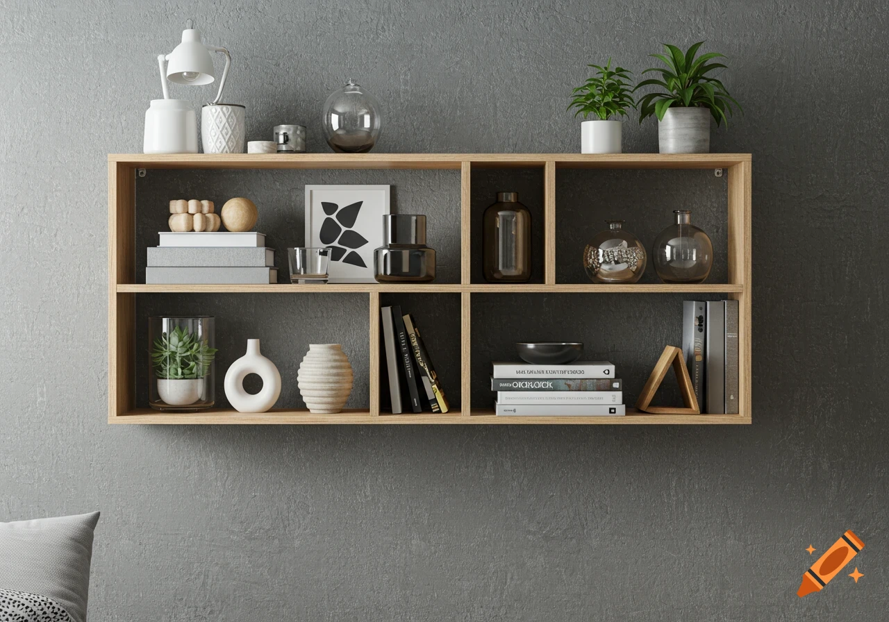 Wooden shelf with decor and books on a grey wall