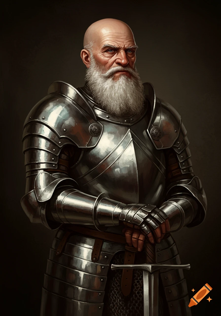A bald man with a white beard wearing shiny plate armor, holding a sword.