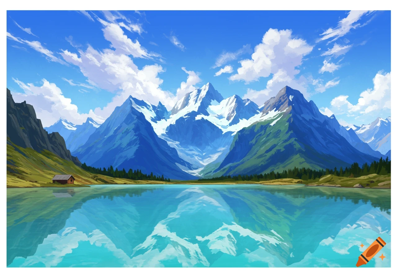 A serene mountain landscape with a pristine lake reflecting the peaks and sky.