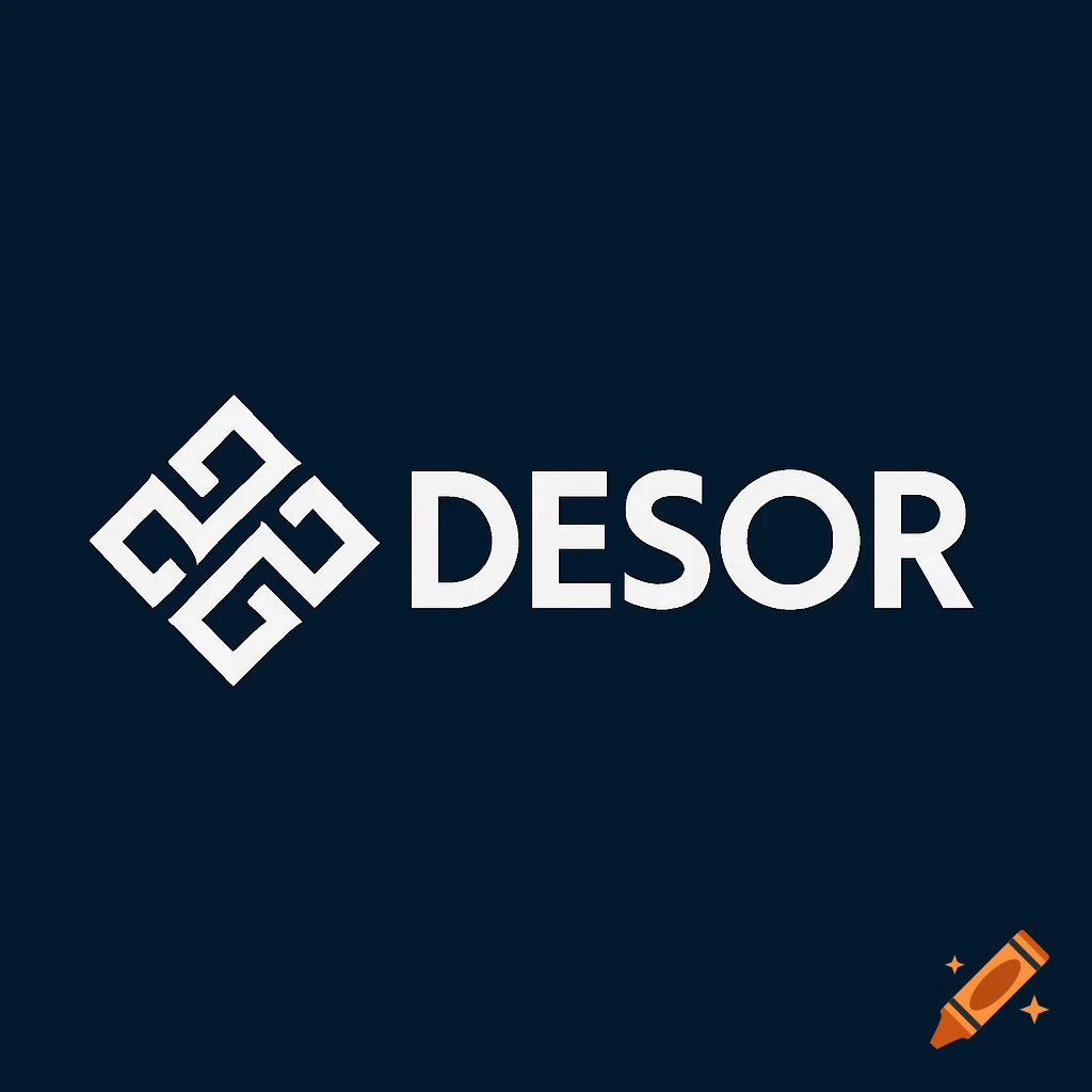 White geometric logo next to white text 'DESOR' on dark blue background.