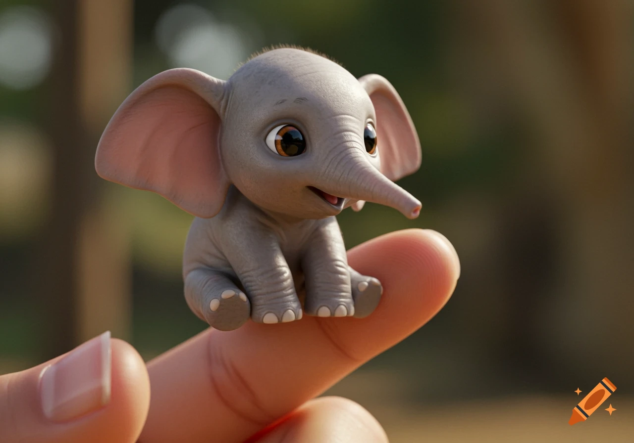 Tiny Pixar-style 3D rendered baby elephant sitting on a human finger.