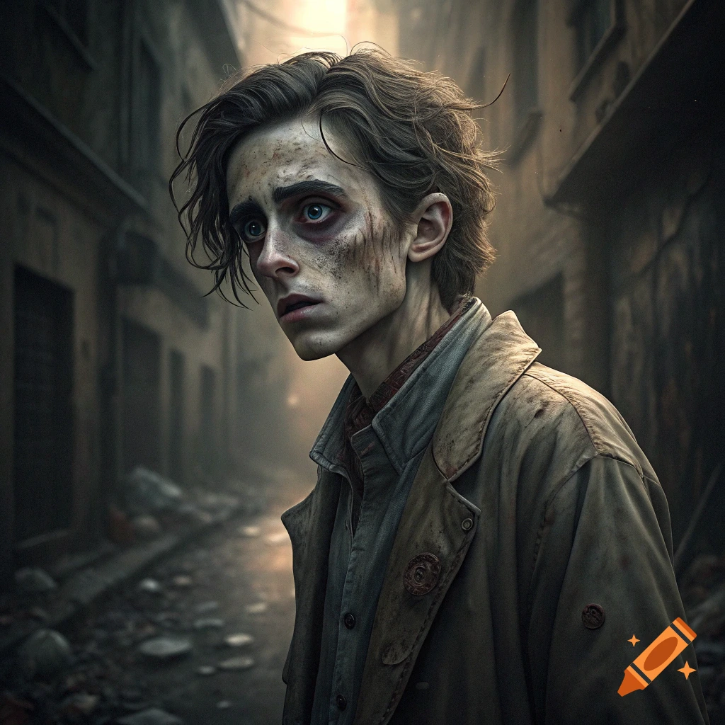 A zombie-like person resembling Timothée Chalamet stands in a dark urban alley.