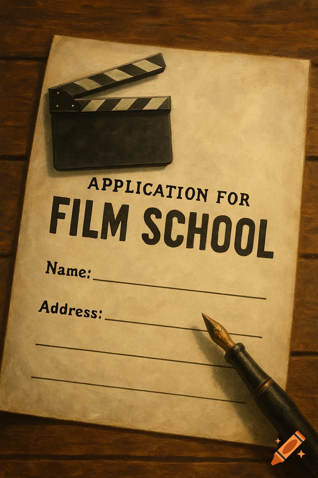 A document that appears to be a film school application, accompanied by a clapperboard and a pen.
