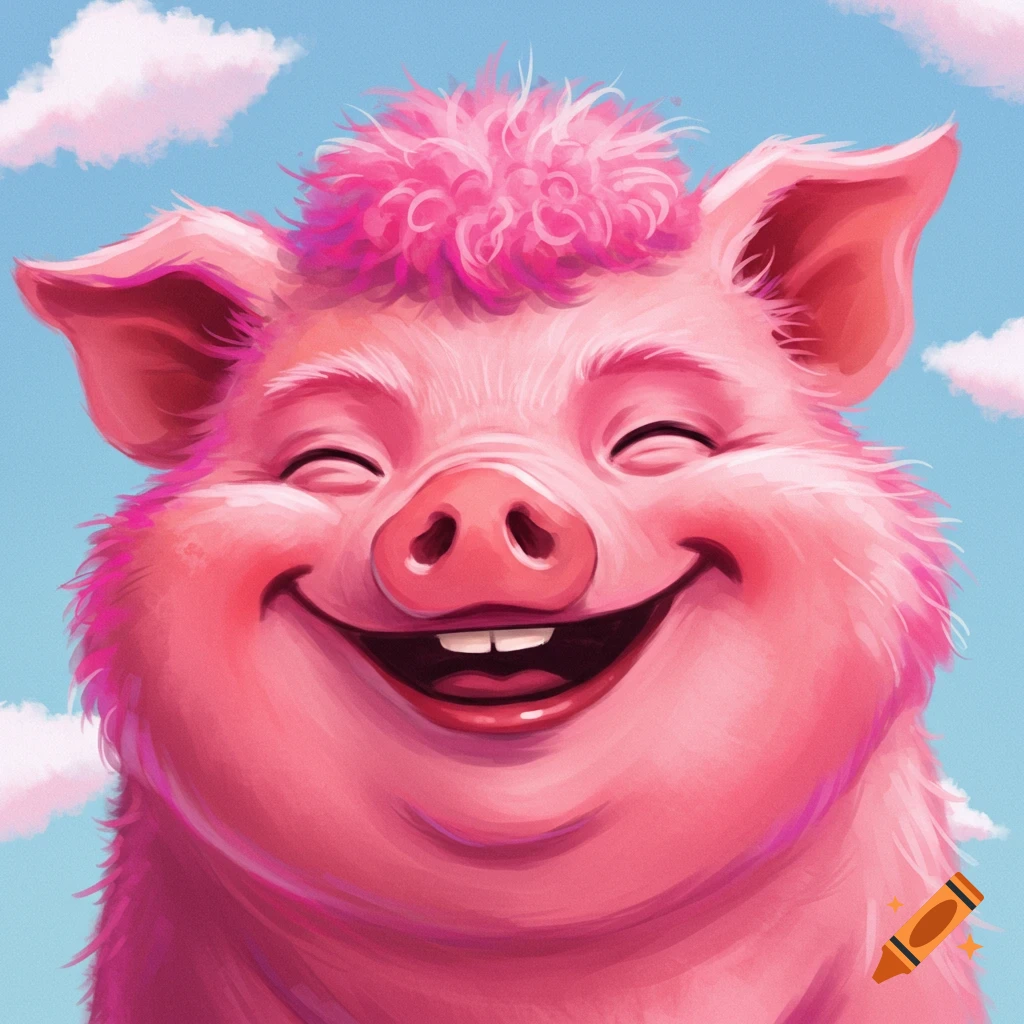 Close-up of a pink pig happily laughing against a blue sky