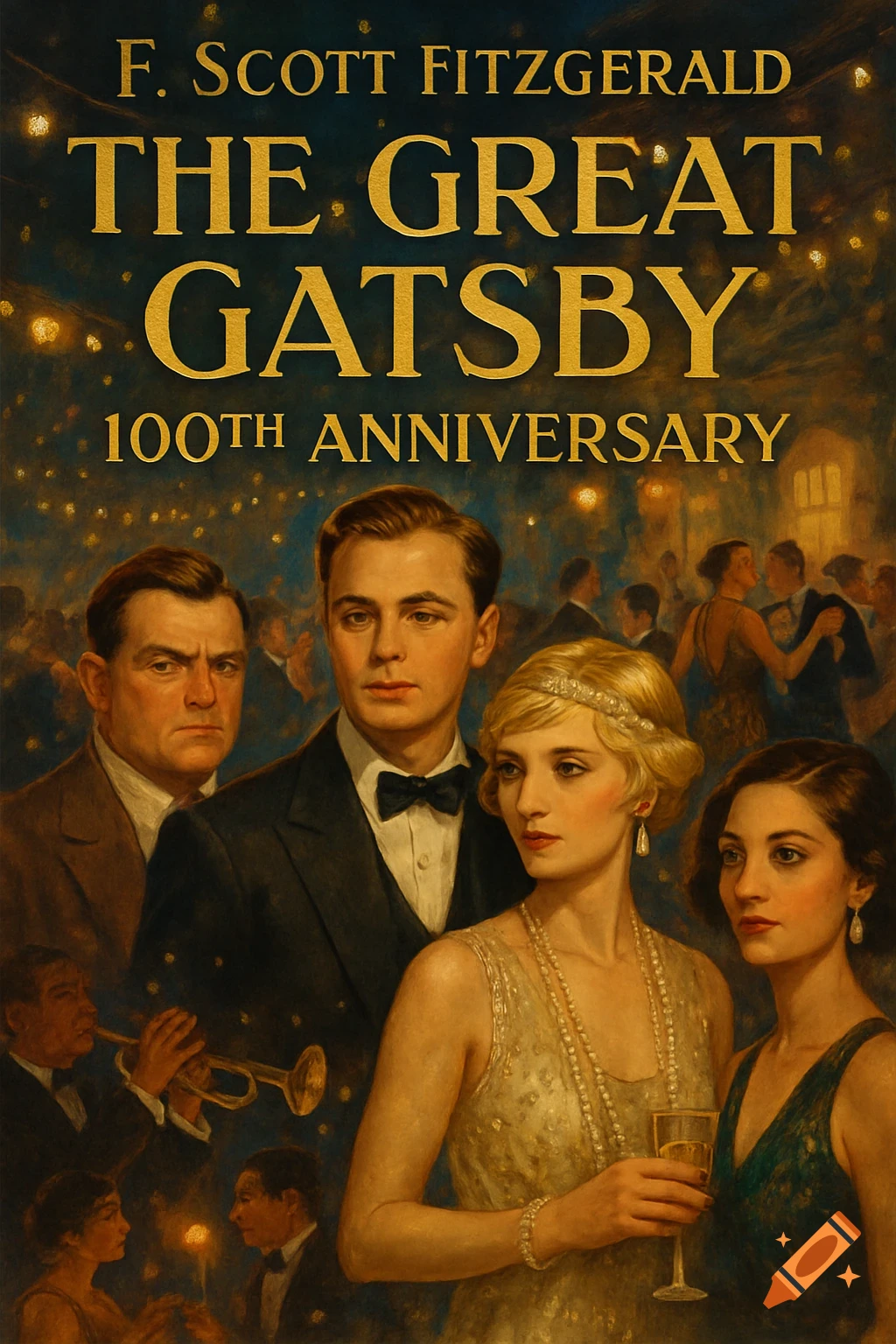 Characters at a 1920s party with The Great Gatsby book title