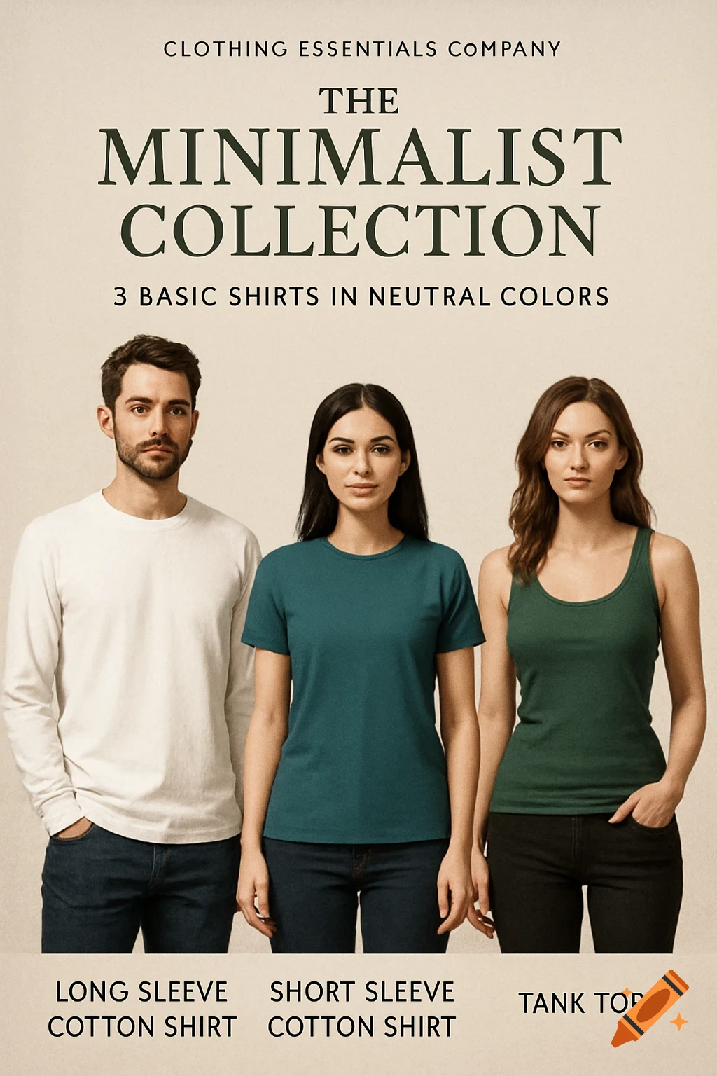 Three models displaying a white long-sleeve shirt, teal t-shirt, and green tank top from The Minimalist Collection.