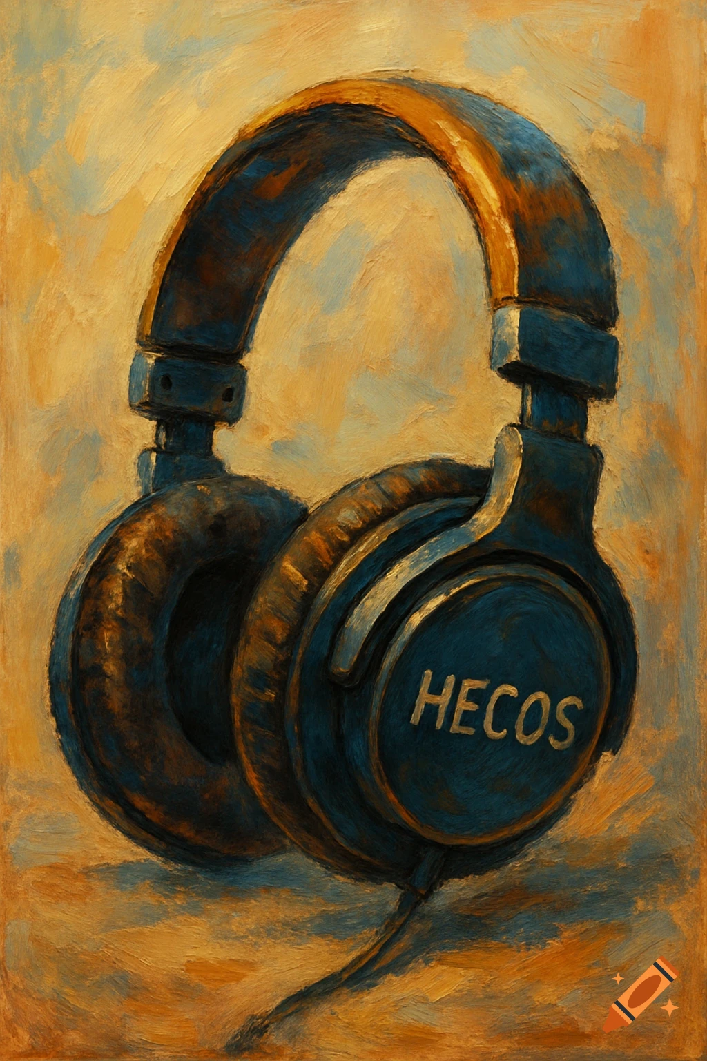 Blue and gold headphones with the word 'HECOS' on the earcup, against a painterly background.