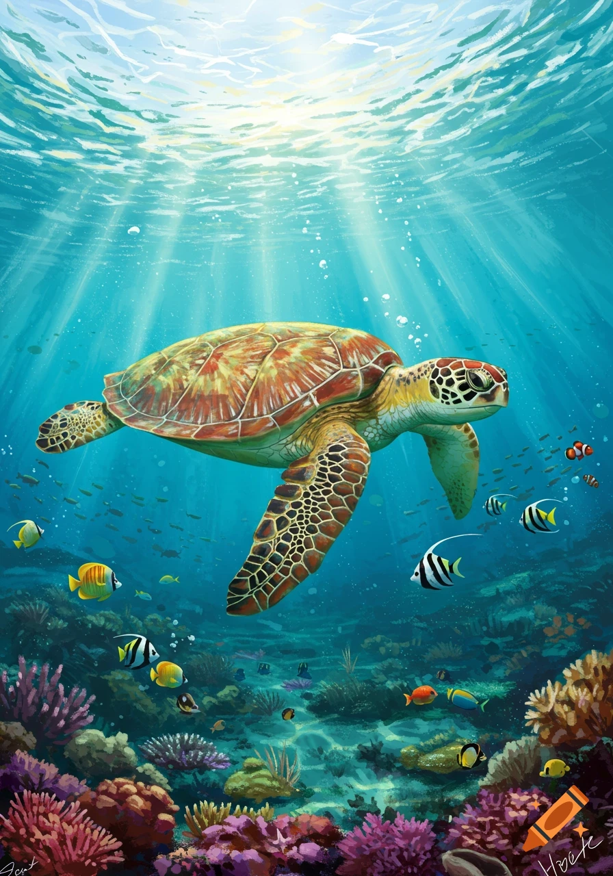 A sea turtle swimming over a coral reef with tropical fish.