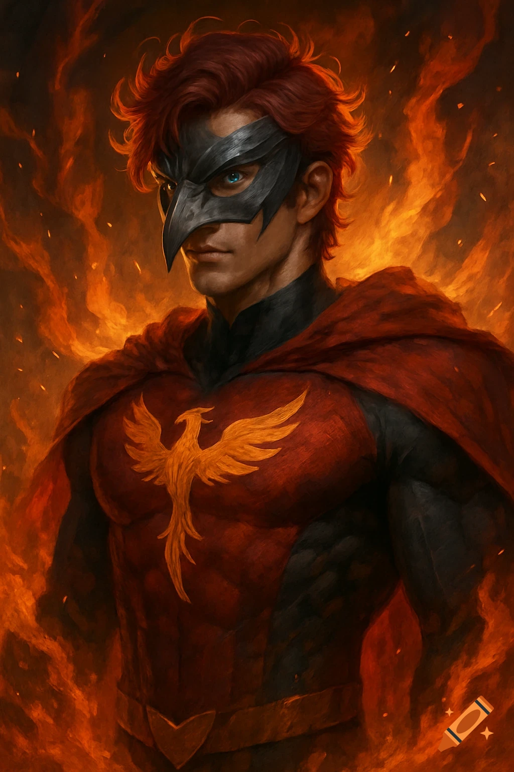 A red-haired hero in a bird mask and cape, with a phoenix emblem on his chest, surrounded by fire.