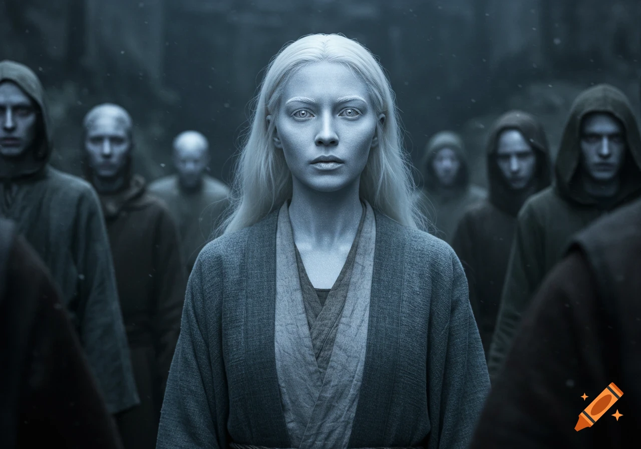 Pale woman with white hair and silver eyes stands among a fearful crowd in robes, photorealistic.