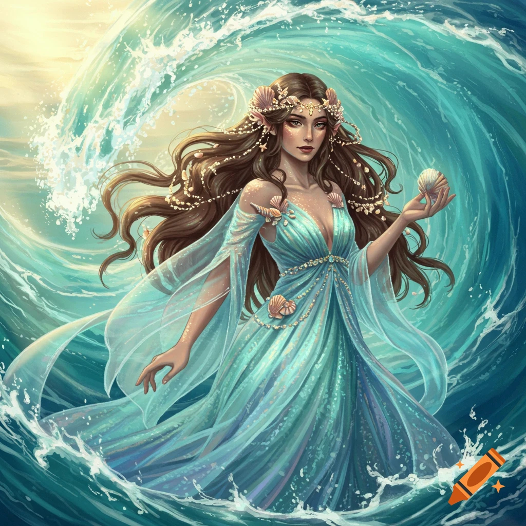 Painting of Goddess Amphitrite in a blue dress surrounded by waves, holding a seashell.