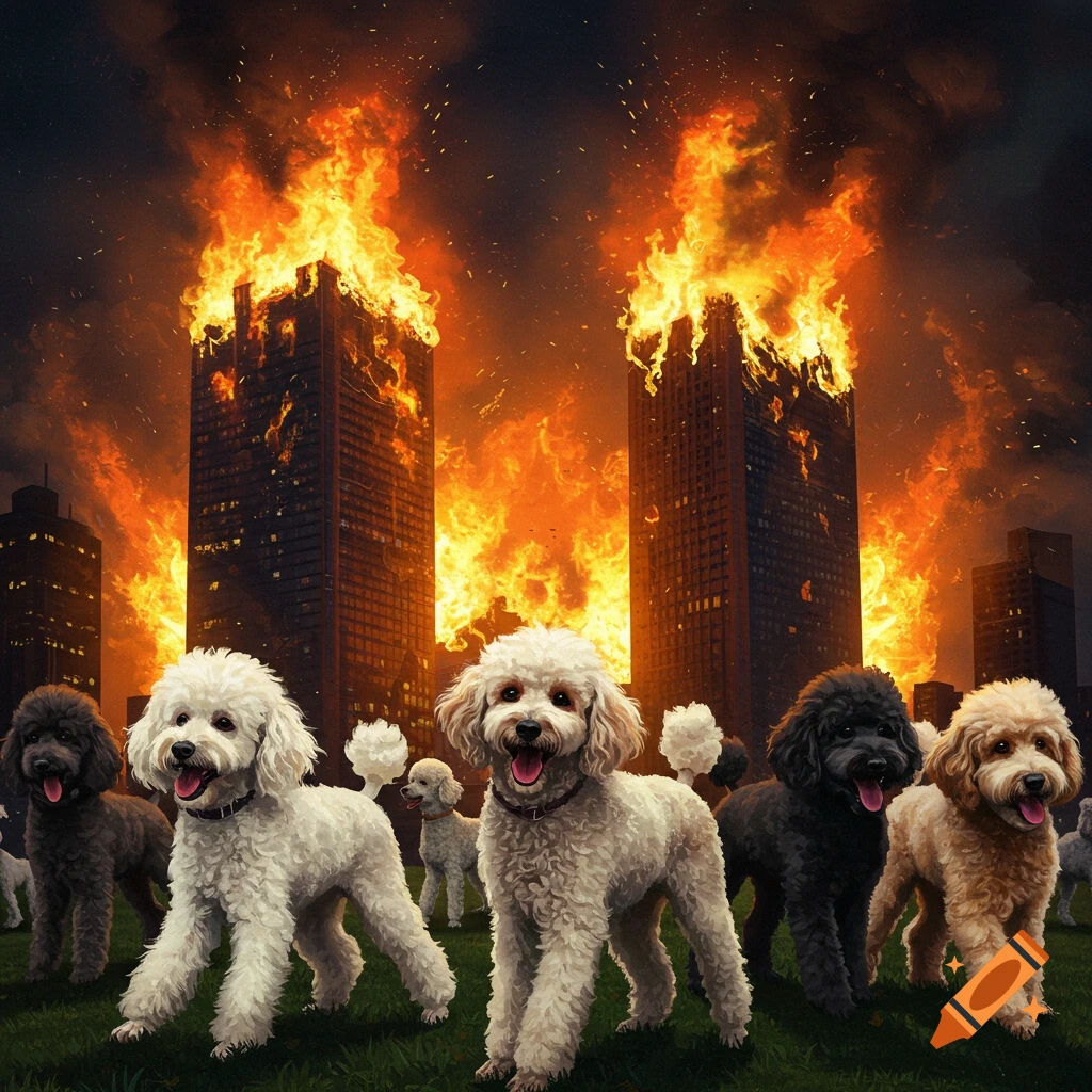 Poodles stand in front of two burning skyscrapers.